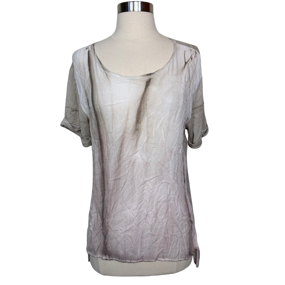 Tina + Jo Neutral Tyedye High Low Flowy Short Sleeve Casual Scoop Neck Blouse S